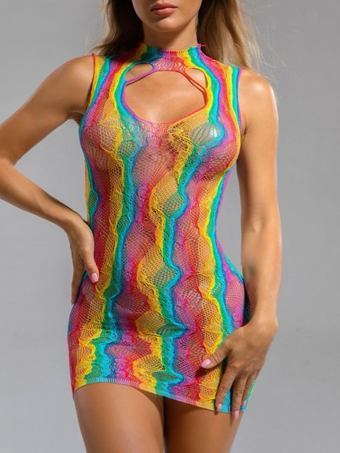 Vestido Arrastão Colorida Neon Sexy Moda Com Mangas Compridas(LM-H23)