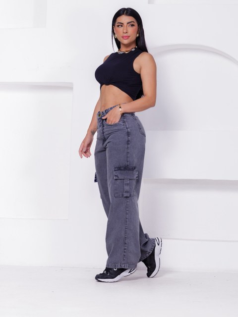 Calça cargo wide leg grafite feminina