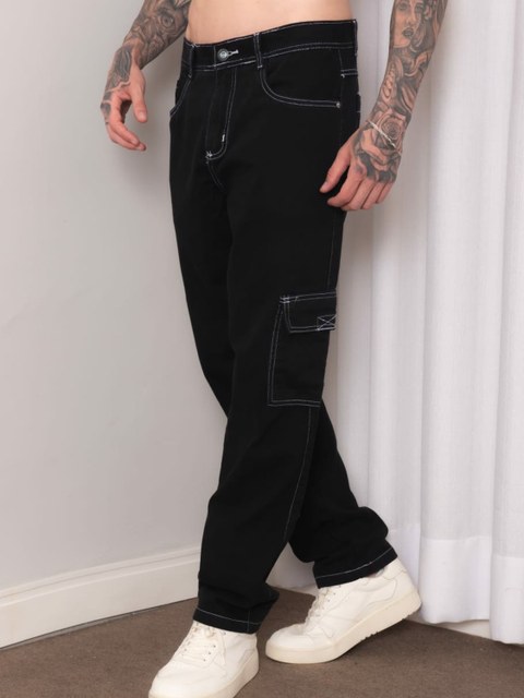 Cargo masculino preta sarja  custura branca bolsa de faca