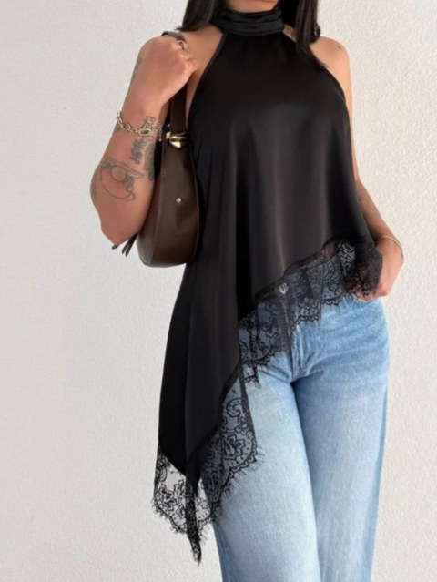 Blusa Bata Assimétrica Gola Alta Com Renda Casual Elegante