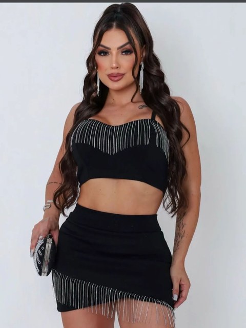 Conjunto Festa com Franja em strass Neopreme Balada