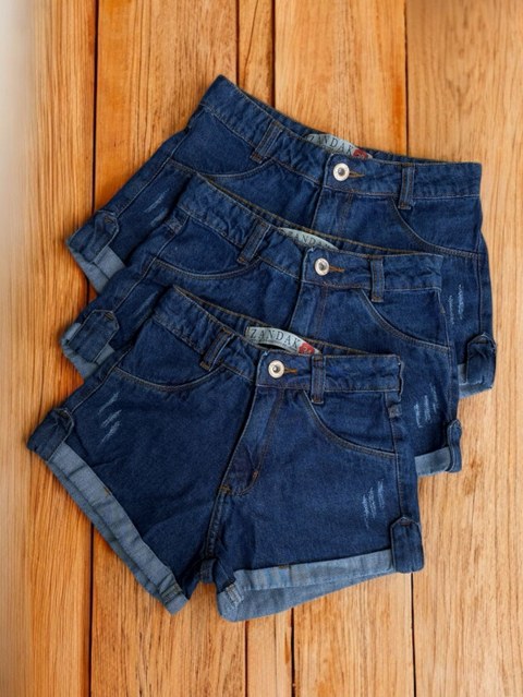 Short jeans feminino escura lisa barra dobrado