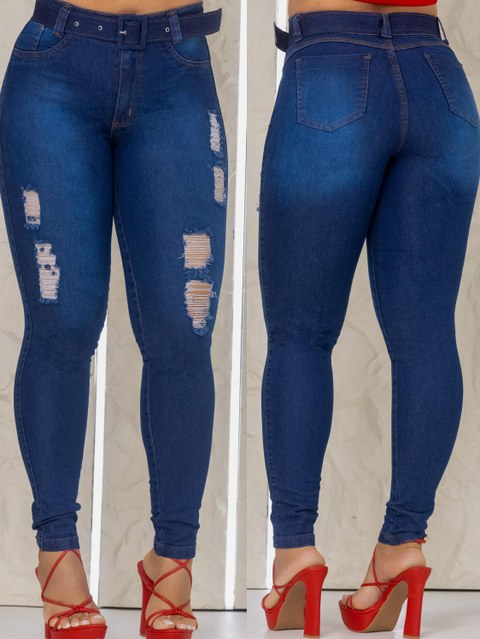 Calca jeans feminina skinny com lycra com cinto