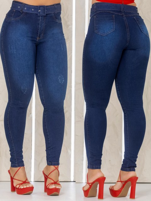 Calca jeans skinny feminina com lycra com cinto