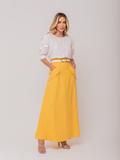 Saia Maracujá feminina longa de viscose com bolsos lapela