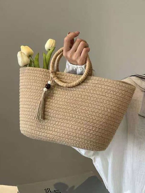 Bolsa De Praia De Palha Pastoral Com Lindo Laço De Renda
