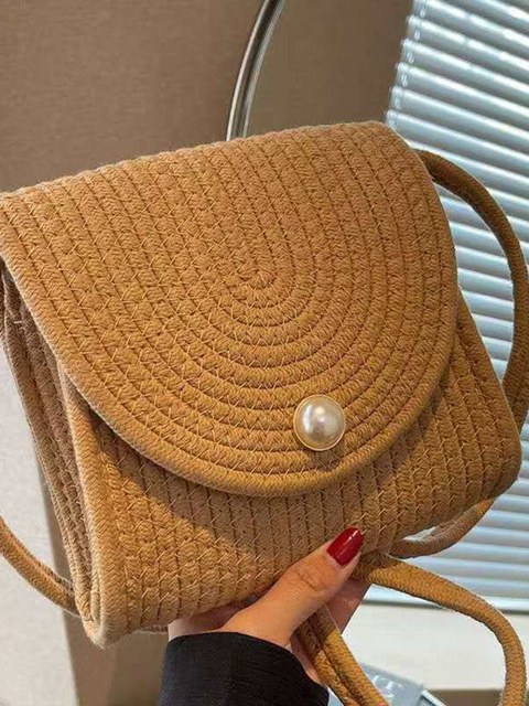 Bolsa De Praia De Palha Pastoral Com Lindo Laço De Renda