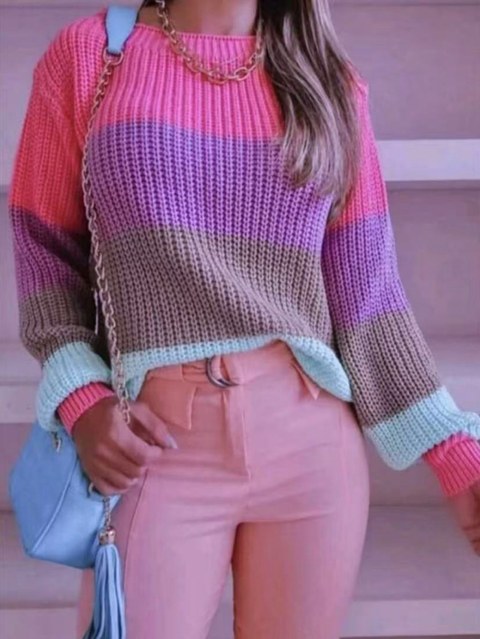 Blusa Tricot Com Manga Longa  Colorida Listrada