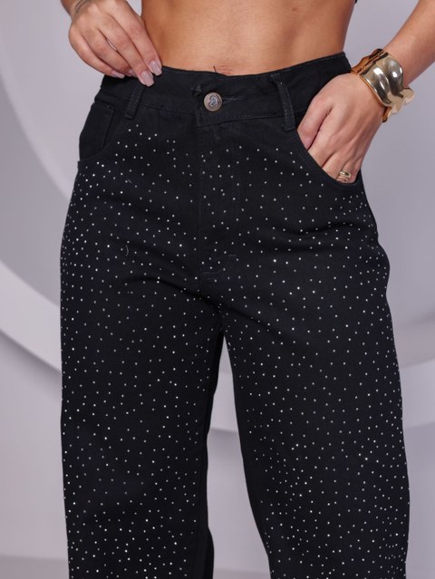 Calça Jeans Wide Leg Feminina com Brilho