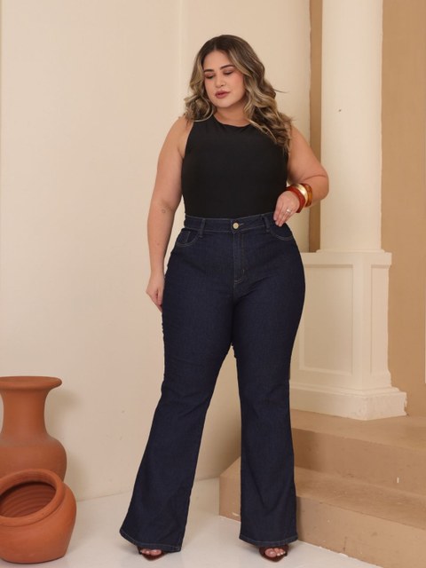 Calça Flare Jeans Plus Size Feminina Cintura Alta Look Girls