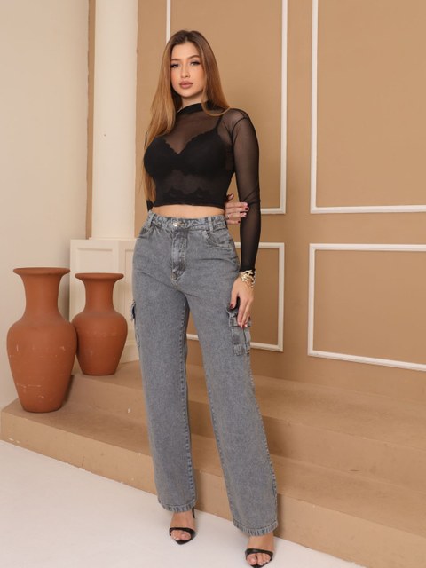 Calça Wide Leg Cintura Alta Jeans Feminina
