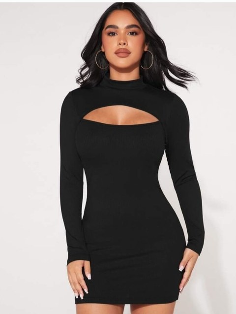 Vestido manga longa  com decote