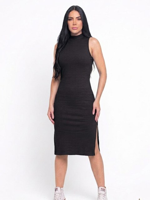 Vestido  Canelado Gola Alta sem Mangas Fenda Lateral