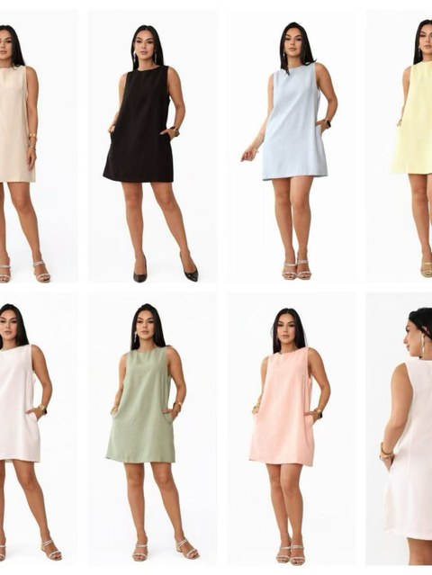 Vestido midi elegante, liso, sem mangas, com decote