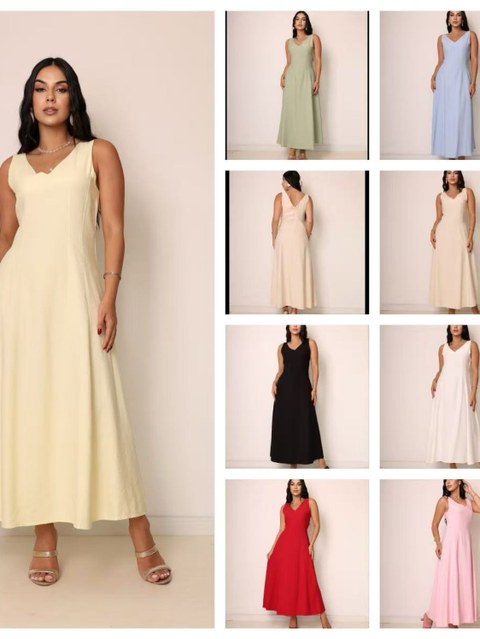 Vestido midi elegante, liso, sem mangas, com decote em v