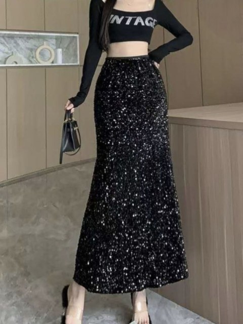 Saia midi veludo com lantejola importado 2812