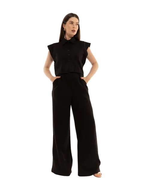 Conjunto Elegante de Top com Botões e babados nos ombros e Calça Pantalona - Con-0054