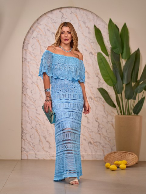 Vestido longo pala tricô.
