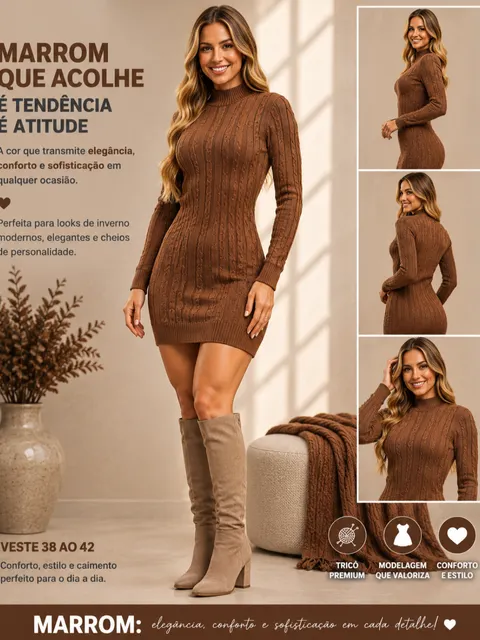 Vestido trança manga longa tricô modal.