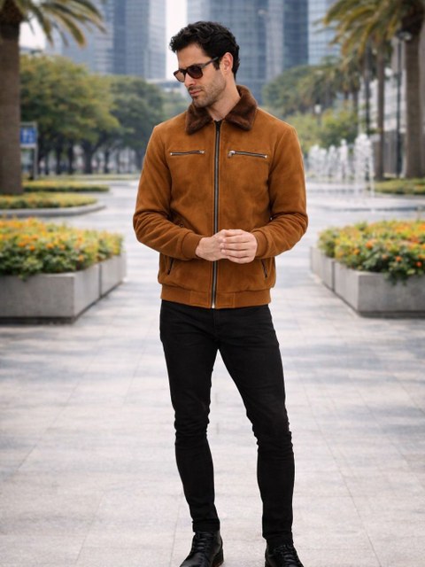 Jaqueta Suede forrada com pelo na gola masculina