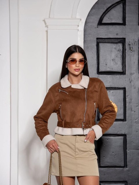 Jaqueta Suede forrada com sinto feminina
