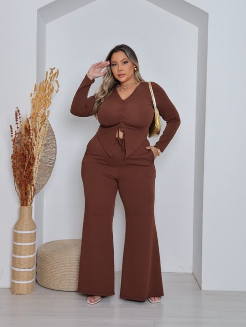 Conjunto manga longa franzido Plus Size