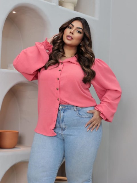 Camisa manga longa botão Plus Size