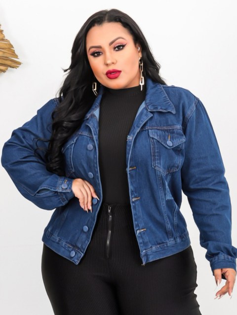 Jaqueta jeans botão Plus Size