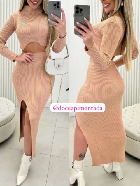 Conjunto Cropepd e saia fenda Modal Doce apimentada