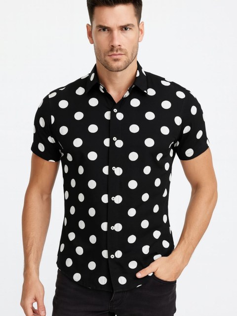 Camisa Masculina Slim Curta Social Estampada Bolinha