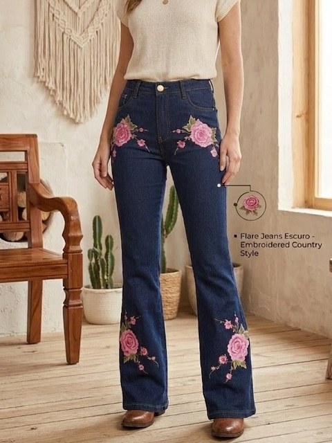Calça jeans flare  country com bordado floral