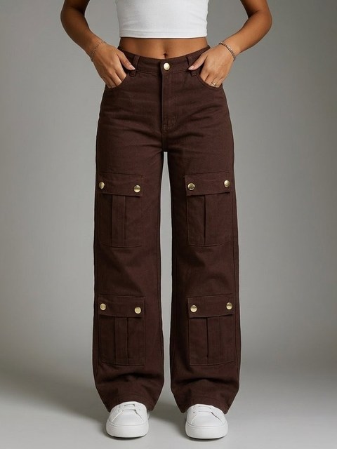 Calça Cargo Feminina Wide Leg Marrom Com Bolsos Frontais