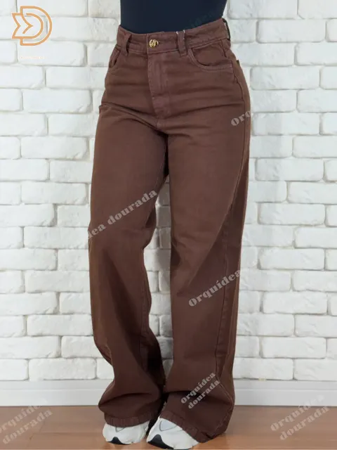 Wide leg marrom jeans feminina