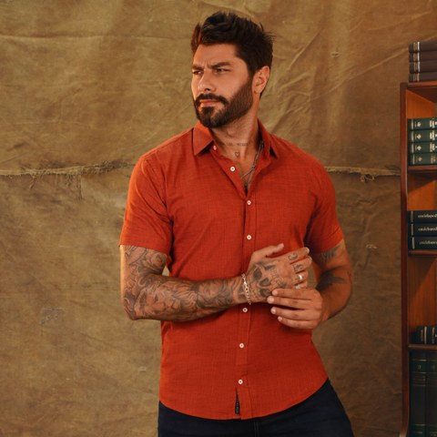 Camisa de Manga Curta SLIM LINHO FLAMÊ TERRA COTA