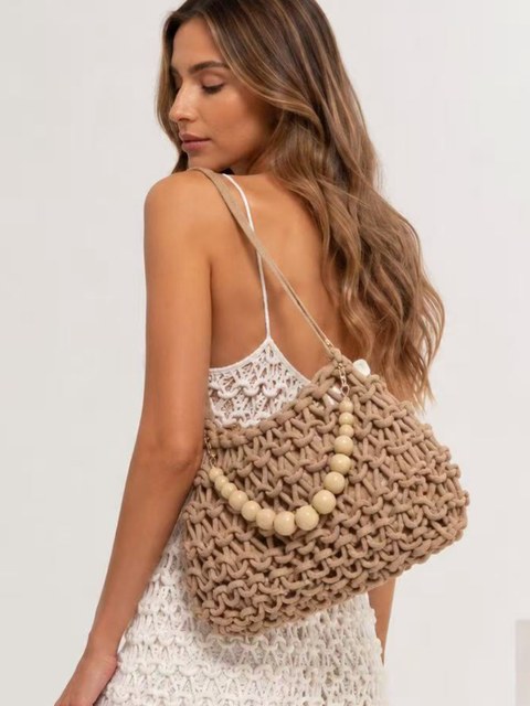 Bolsa Boho em Macramê com Contas praia palha 86072