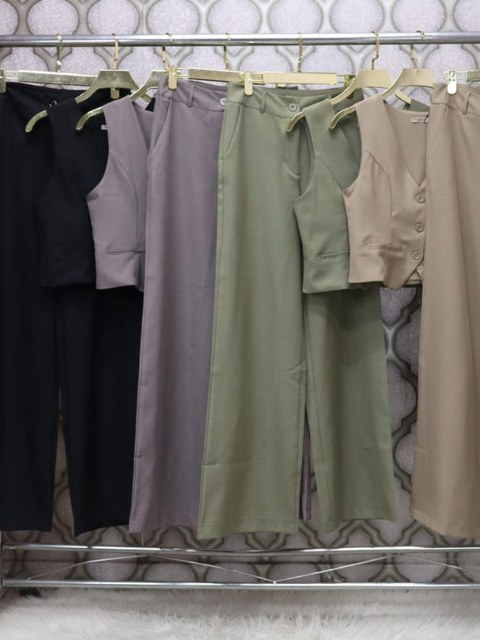 Wwz Fashion Conjunto Longo Calça e Colete Alfaiataria Gabardine Com Bolso Social Fashion 189