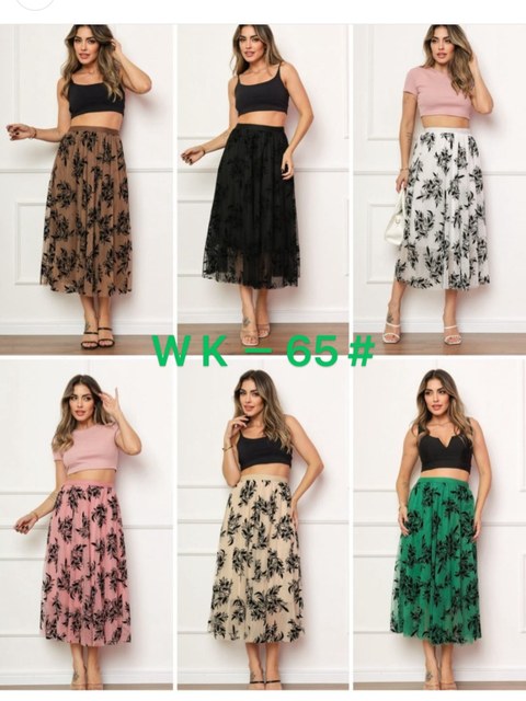 Saia Midi Floral Tecido Tule