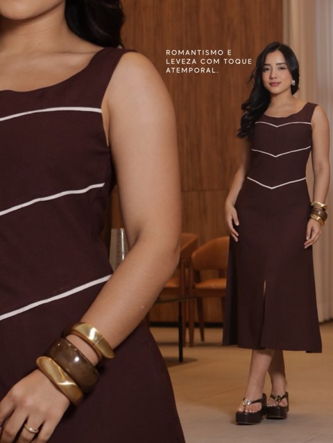 Vestido Tubo Mídi Casual Elegante Fenda E Detalhe Costura