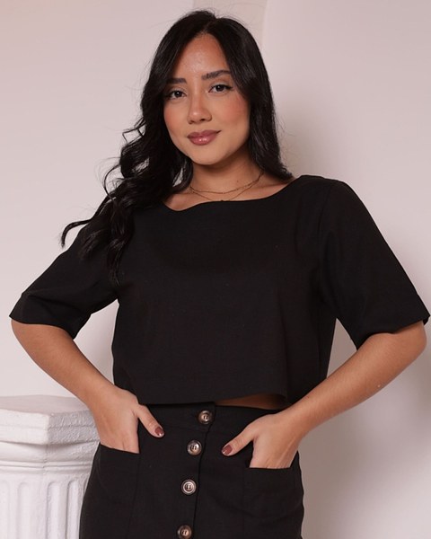 Blusa Alfaiataria Feminina Linho Casual Chic Gola Redonda