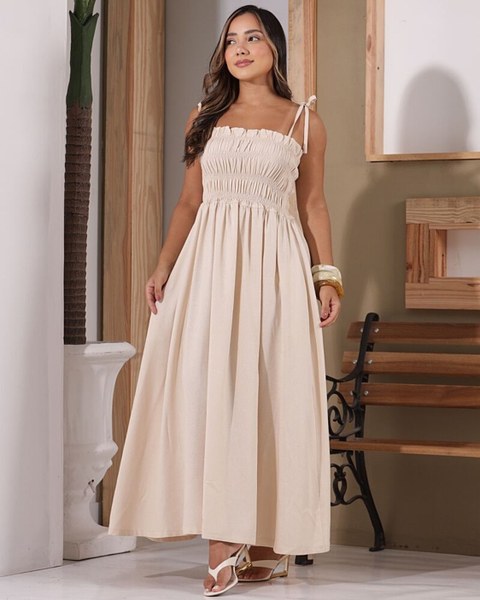 Vestido Linho Feminino Festa Boho Verão Franzido Nó Elastico