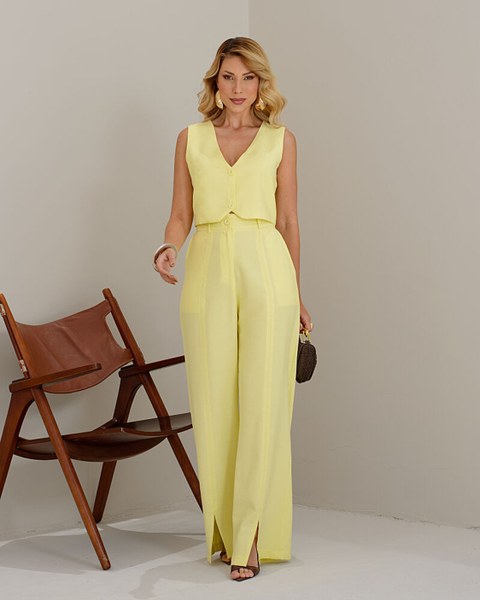 Conjunto Calça Pantalona E Colete Estiloso Alfaiataria