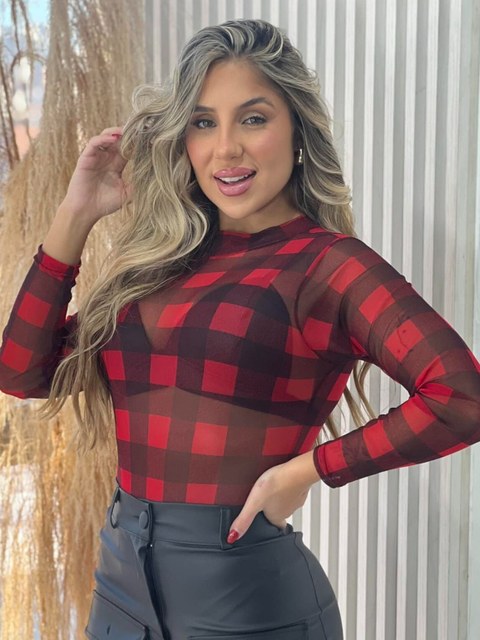 Body Feminino com Manga Longa em Tule Transparente Xadrez