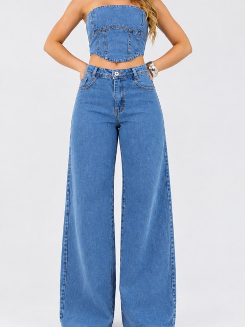 Conjunto jeans calça e cropped