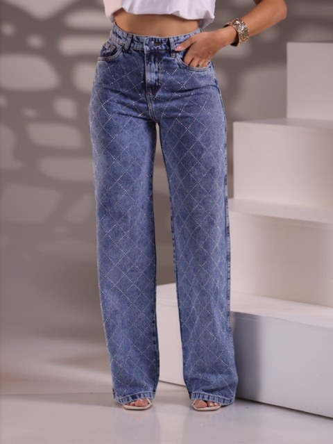 Calça wide leg com lycra aplicação de brilho