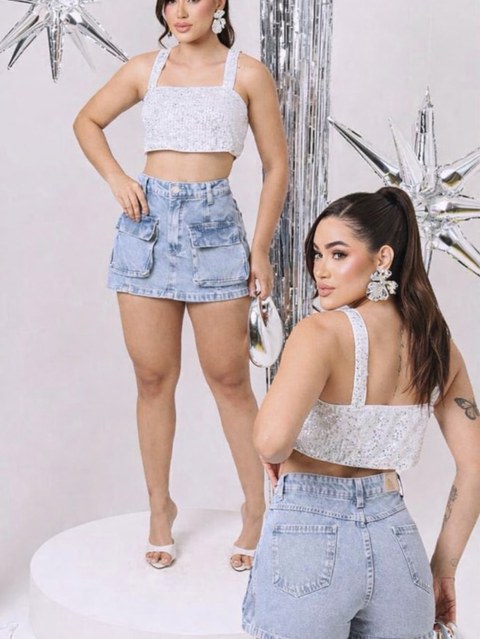Short saia bolso fofo 100% jeans