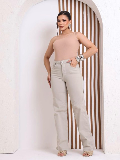 Calça wide leg com lycra alta qualidade cor bege