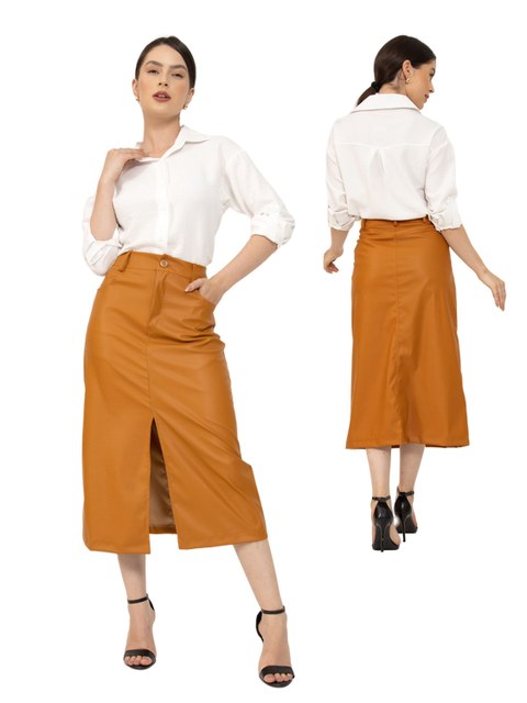 (010#)Saia Midi Em Couro Artificial