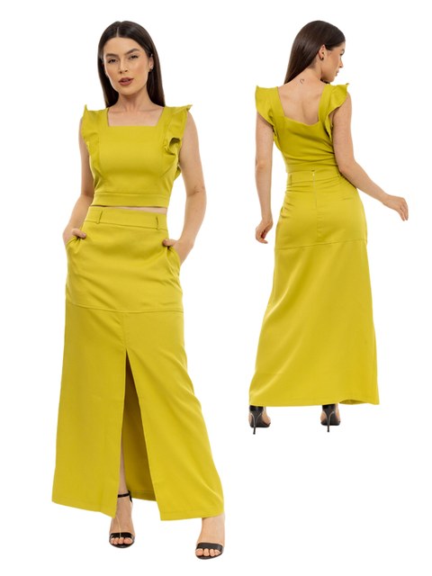 (048#)Conjunto Alfaiataria Feminico Cropped e Saia
