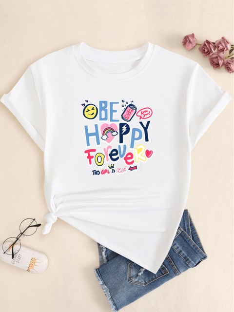 Camiseta Estampado Be Happy Forever Moda Feminina Casual Confort Premium Blusinha Babylook Básico