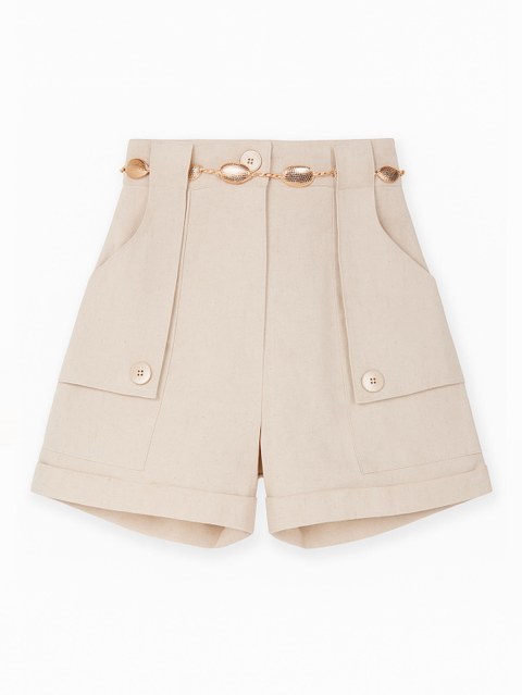 Short Feminino Linho Casual Elegante Detalhe Bolso Botão